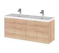 Hudson Reed Fusion Woodgrain Wall Hung 4 Door Combination Vanity Unit with Double Ceramic Basins | Bleached Oak | MFC | 1205mm x 579mm x 360mm