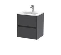 Hudson Reed HAV2202B Havana Modern Bathroom Wall Hung 2 Drawer Vanity Basin Unit & Minimalist Ceramic Basin, 500mm, Woodgrain Graphite Grey
