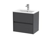 Hudson Reed HAV2204B Havana Modern Bathroom Wall Hung 2 Drawer Vanity Basin Unit & Minimalist Ceramic Basin, 600mm, Woodgrain Graphite Grey