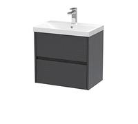 Hudson Reed HAV2204D Havana Modern Bathroom Wall Hung 2 Drawer Vanity Basin Unit & Thin-Edge Ceramic Basin, 600mm, Woodgrain Graphite Grey