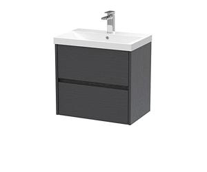 Hudson Reed HAV2204D Havana Modern Bathroom Wall Hung 2 Drawer Vanity Basin Unit & Thin-Edge Ceramic Basin, 600mm, Woodgrain Graphite Grey
