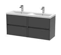 Hudson Reed HAV2204F Havana Modern Bathroom Wall Hung 4 Drawer Vanity Basin Unit & Double Ceramic Basin, 1200mm, Woodgrain Graphite Grey