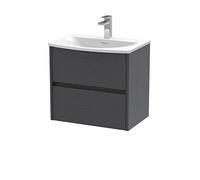 Hudson Reed HAV2204G Havana Wall Hung 2 Drawer Vanity Unit & Curved Ceramic Basin, 600mm, Woodgrain Graphite Grey