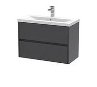 Hudson Reed HAV2206A Havana Modern Bathroom Wall Hung 2 Drawer Vanity Basin Unit & Mid-Edge Ceramic Basin, 800mm, Woodgrain Graphite Grey
