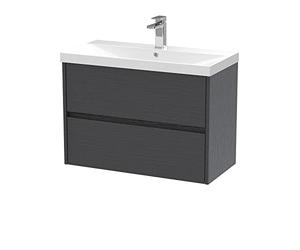 Hudson Reed HAV2206D Havana Modern Bathroom Wall Hung 2 Drawer Vanity Basin Unit & Thin-Edge Ceramic Basin, 800mm, Woodgrain Graphite Grey