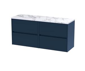 Hudson Reed HAV2904LCM2 Havana Modern Bathroom Wall Hung 4 Soft Close Drawer Vanity Unit and Carrera Marble Laminate Worktop, 1200mm, Midnight Blue