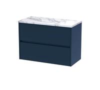 Hudson Reed HAV2906LCM Havana Modern Bathroom Wall Hung 2 Soft Close Drawer Vanity Unit and Carrera Marble Laminate Worktop, 800mm, Midnight Blue
