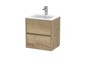 Hudson Reed HAV802B Havana Modern Bathroom Wall Hung 2 Drawer Vanity Basin Unit & Minimalist Ceramic Basin, 500mm, Woodgrain Autumn Oak