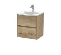 Hudson Reed HAV802G Havana Modern Bathroom Wall Hung 2 Drawer Vanity Basin Unit & Curved Ceramic Basin, 500mm, Woodgrain Autumn Oak