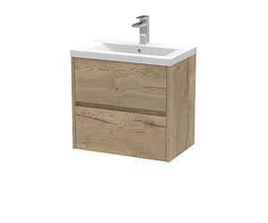 Hudson Reed HAV804A Havana Modern Bathroom Wall Hung 2 Drawer Vanity Basin Unit & Mid-Edge Ceramic Basin, 600mm, Woodgrain Autumn Oak