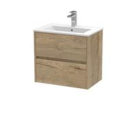 Hudson Reed HAV804B Havana Modern Bathroom Wall Hung 2 Drawer Vanity Basin Unit & Minimalist Ceramic Basin, 600mm, Woodgrain Autumn Oak