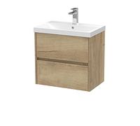 Hudson Reed HAV804D Havana Modern Bathroom Wall Hung 2 Drawer Vanity Basin Unit & Thin-Edge Ceramic Basin, 600mm, Woodgrain Autumn Oak