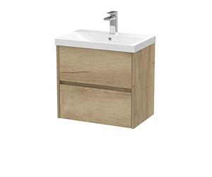 Hudson Reed HAV804D Havana Modern Bathroom Wall Hung 2 Drawer Vanity Basin Unit & Thin-Edge Ceramic Basin, 600mm, Woodgrain Autumn Oak