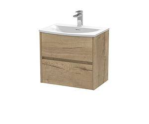 Hudson Reed HAV804G Havana Modern Bathroom Wall Hung 2 Drawer Vanity Basin Unit & Curved Ceramic Basin, 600mm, Woodgrain Autumn Oak