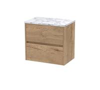 Nuie Havana Woodgrain Wall Hung 2 Drawer Vanity Unit with Carrera Marble Laminate Worktop | Autumn Oak | MFC | 600mm