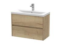 Hudson Reed HAV806A Havana Modern Bathroom Wall Hung 2 Drawer Vanity Basin Unit & Mid-Edge Ceramic Basin, 800mm, Woodgrain Autumn Oak