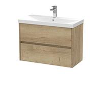 Hudson Reed HAV806D Havana Modern Bathroom Wall Hung 2 Drawer Vanity Basin Unit & Thin-Edge Ceramic Basin, 800mm, Woodgrain Autumn Oak