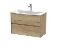 Hudson Reed HAV806G Havana Modern Bathroom Wall Hung 2 Drawer Vanity Basin Unit & Curved Ceramic Basin, 800mm, Woodgrain Autumn Oak