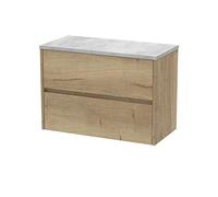 Hudson Reed HAV806LBG Havana Modern Bathroom Wall Hung 2 Drawer Countertop Unit & Laminate Worktop, 800mm, Woodgrain Autumn Oak/Bellato Grey
