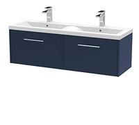 Hudson Reed JNU1722F Juno Modern Bathroom Wall Hung 2-Drawer Vanity with Ceramic Double Basin, 1200mm, Matt Electric Blue