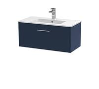 Hudson Reed JNU1725B Juno Modern Bathroom Wall Hung Single Drawer Vanity with Minimalist Ceramic Basin, 800mm, Matt Electric Blue