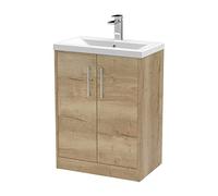 Hudson Reed Juno Woodgrain Floor Standing 2 Door Vanity Unit and Mid Edge Ceramic Basin | Autumn Oak | MDF | 600mm