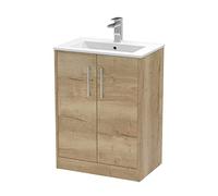 Hudson Reed JNU1803B Juno Modern Bathroom Floor Standing 2-Door Vanity with Minimalist Ceramic Basin, 600mm, Woodgrain Autumn Oak