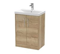 Hudson Reed JNU1803D Juno Modern Bathroom Floor Standing 2-Door Vanity with Thin-Edge Ceramic Basin, 600mm, Woodgrain Autumn Oak