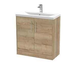 Hudson Reed JNU1805A Juno Modern Bathroom Floor Standing 2-Door Vanity with Mid-Edge Ceramic Basin, 800mm, Woodgrain Autumn Oak