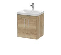 Hudson Reed JNU1821D Juno Modern Bathroom Wall Hung 2-Door Vanity with Thin-Edge Ceramic Basin, 500mm, Woodgrain Autumn Oak