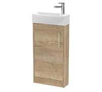 Hudson Reed JNU1821L Juno Compact Modern Cloakroom Floor Standing 1-Door Unit with 1 Tap Hole Left Hand Basin, 440mm, Woodgrain Autumn Oak