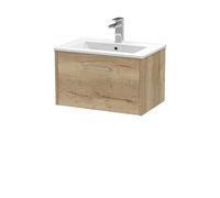 Hudson Reed JNU1822B Juno Modern Bathroom Wall Hung Single Drawer Vanity with Minimalist Ceramic Basin, 600mm, Woodgrain Autumn Oak