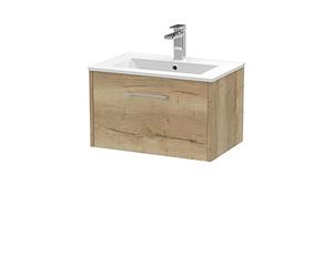 Hudson Reed JNU1822B Juno Modern Bathroom Wall Hung Single Drawer Vanity with Minimalist Ceramic Basin, 600mm, Woodgrain Autumn Oak