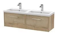 Hudson Reed Juno Woodgrain Wall Hung 2 Drawer Vanity Unit and Twin Polymarble Basins | Autumn Oak | MDF | 1200mm