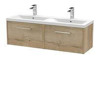 Hudson Reed JNU1822F Juno Modern Bathroom Wall Hung 2-Drawer Vanity with Ceramic Double Basin, 1200mm, Woodgrain Autumn Oak