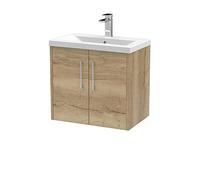 Hudson Reed JNU1823A Juno Modern Bathroom Wall Hung 2-Door Vanity with Mid-Edge Ceramic Basin, 600mm, Woodgrain Autumn Oak