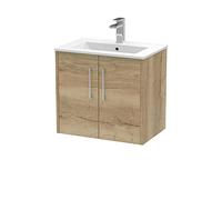 Hudson Reed JNU1823B Juno Modern Bathroom Wall Hung 2-Door Vanity with Minimalist Ceramic Basin, 600mm, Woodgrain Autumn Oak