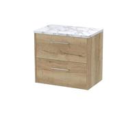 Hudson Reed JNU1824LCM Juno Modern Bathroom Wall Hung 2 Soft Close Drawer Vanity Unit and Carrera Marble Laminate Worktop, 600mm, Autumn Oak