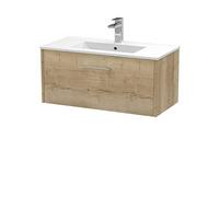 Hudson Reed Juno Woodgrain Wall Hung Single Drawer Vanity Unit and Minimalist Ceramic Basin | Autumn Oak | MDF | 800mm