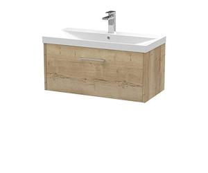 Hudson Reed JNU1825D Juno Modern Bathroom Wall Hung Single Drawer Vanity with Thin-Edge Ceramic Basin, 800mm, Woodgrain Autumn Oak