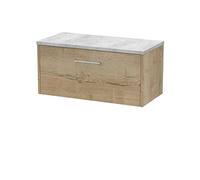 Hudson Reed Juno Woodgrain Wall Hung Single Drawer Vanity Unit with Bellato Grey Worktop | Autumn Oak | MDF | 800mm