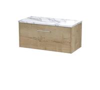 Hudson Reed JNU1825LCM Juno Modern Bathroom Wall Hung Single Soft Close Drawer Vanity Unit and Carrera Marble Laminate Worktop, 800mm, Autumn Oak