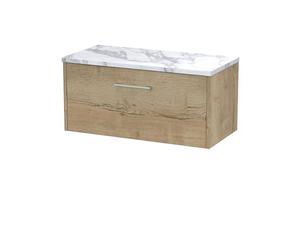 Hudson Reed JNU1825LCM Juno Modern Bathroom Wall Hung Single Soft Close Drawer Vanity Unit and Carrera Marble Laminate Worktop, 800mm, Autumn Oak