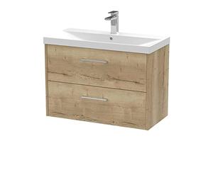Hudson Reed JNU1826D Juno Modern Bathroom Wall Hung 2-Drawer Vanity with Thin-Edge Ceramic Basin, 800mm, Woodgrain Autumn Oak