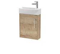 Hudson Reed Juno Compact Woodgrain Wall Hung Single Door Vanity Unit and Left Hand Curved Ceramic Basin | Autumn Oak | MDF | 440mm