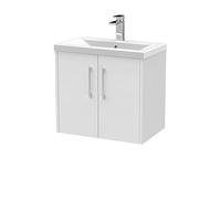 Hudson Reed JNU2123A Juno Modern Bathroom Wall Hung 2-Door Vanity with Mid-Edge Ceramic Basin, 600mm, Woodgrain White Ash