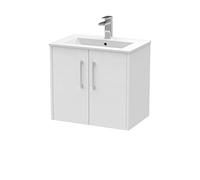 Hudson Reed JNU2123B Juno Modern Bathroom Wall Hung 2-Door Vanity with Minimalist Ceramic Basin, 600mm, Woodgrain White Ash
