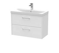 Hudson Reed JNU2126D Juno Modern Bathroom Wall Hung 2-Drawer Vanity with Thin-Edge Ceramic Basin, 800mm, Woodgrain White Ash