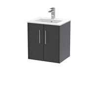 Hudson Reed JNU2221B Juno Modern Bathroom Wall Hung 2-Door Vanity with Minimalist Ceramic Basin, 500mm, Woodgrain Graphite Grey