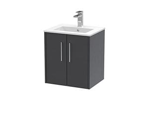 Hudson Reed JNU2221B Juno Modern Bathroom Wall Hung 2-Door Vanity with Minimalist Ceramic Basin, 500mm, Woodgrain Graphite Grey